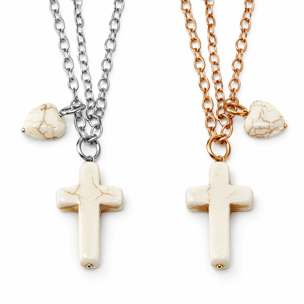 Off White Howlite Cross & Heart Dainty Necklace