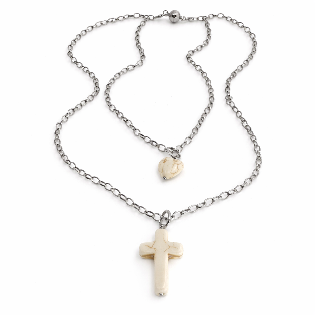 Off White Howlite Cross & Heart Dainty Necklace