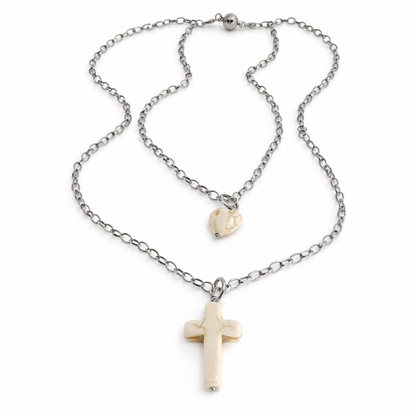 Off White Howlite Cross & Heart Dainty Necklace
