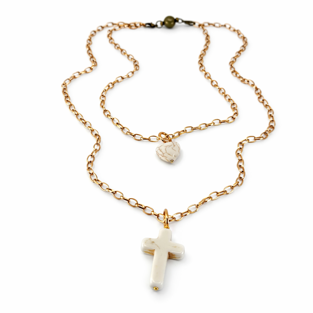 Off White Howlite Cross & Heart Dainty Necklace