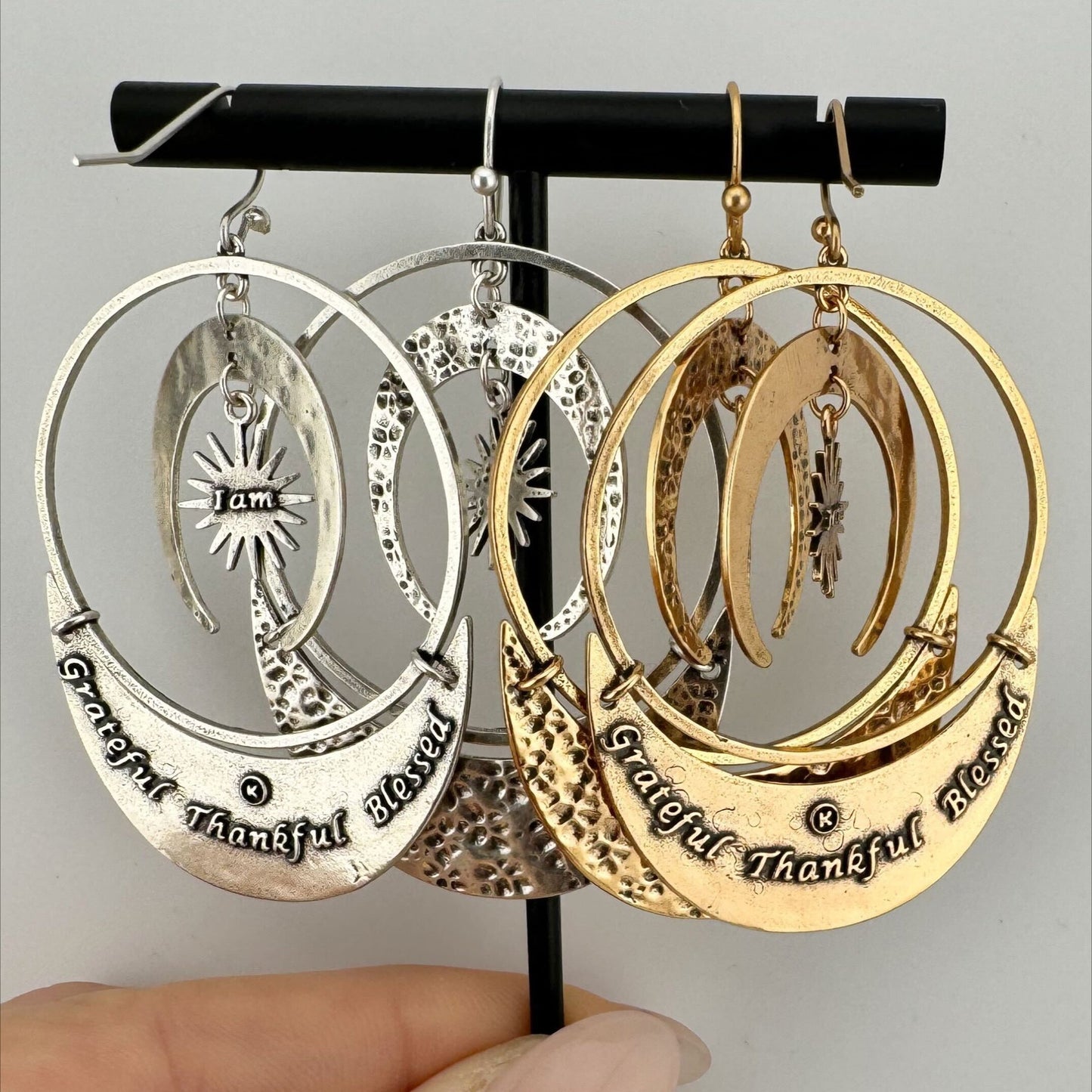 Grateful Thankful Blessed Moon & Star Earrings