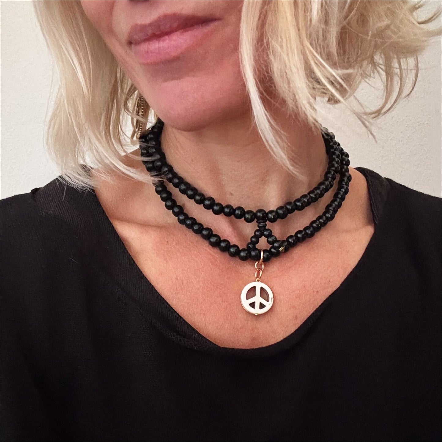 Howlite Peace Sign Wood Boho Wrap Bracelet/Necklace